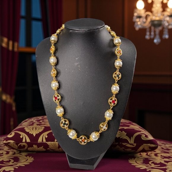 Royal Regal Pearl & Ruby Emerald Crystal Cross Necklace - Picture 3 of 4